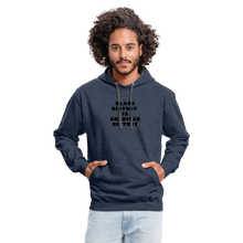 Load image into Gallery viewer, Black History is American History (Filled-In Letters) Contrast Hoodie - indigo heather/asphalt
